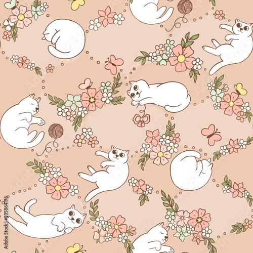 Hand-drawn animal seamless pattern in cottage core style. Endless background with cute funny cats playing and sleeping, with flowers and butterflies. Rustic print design for fabric or wallpaper.