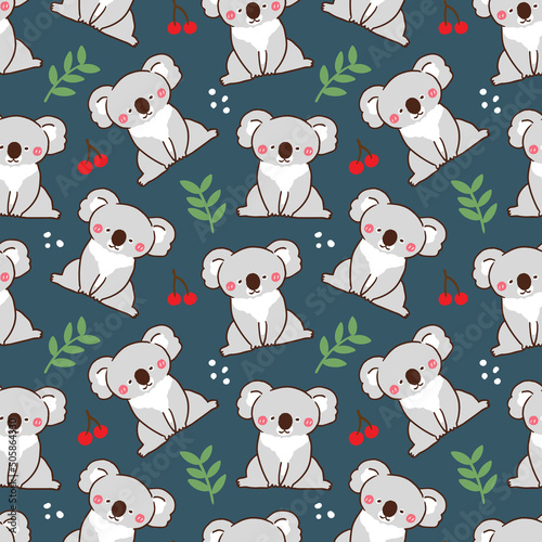 Seamless Pattern with Cartoon Koala, Leaf and Cherry Illustration Design on Dark Blue Background