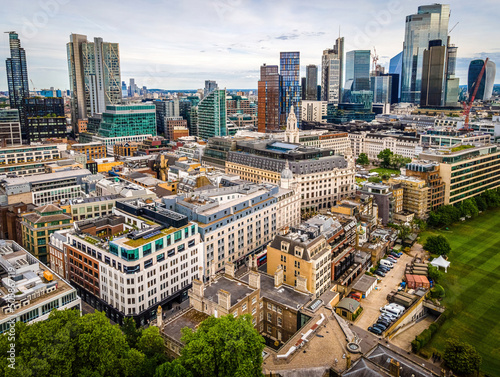 The aerial view of the City of London in summer