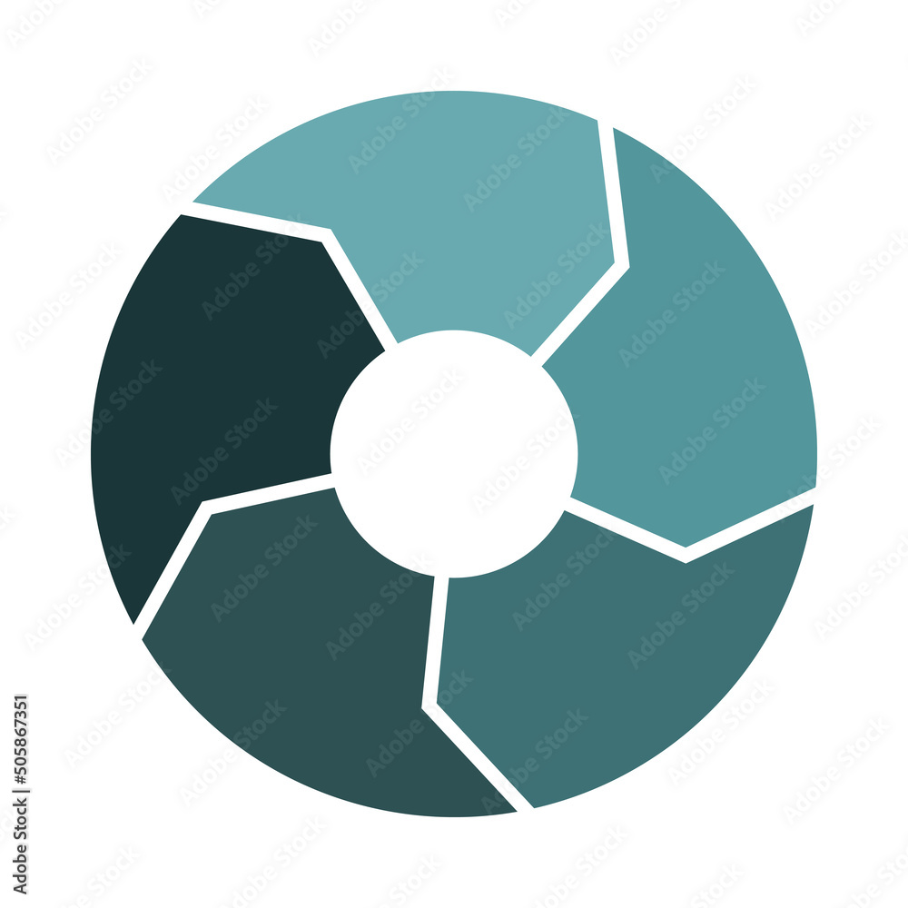 Lifecycle circulation icon with 5 arrows. Five thick parts spin infograph. Turquoise warm mint green circle infographics. Lifecycle circulation icon with 5 arrows. Five thick parts spin infograph. Turquoise warm mint green circle infographics.