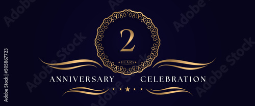 2 years anniversary celebration with elegant circle frame isolated on dark blue background. 2 years Anniversary logo. Vector design for greeting card, birthday party, wedding, event party, ceremony.