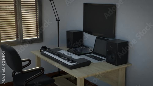 3D rendering animation of an audio mixing home studio