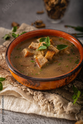 Mushroom soup with crispy pastry