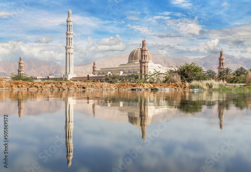Muscat, Oman - completed in 2001 and with a total capacity of up to 20,000 worshipers, the Sultan Qaboos Grand Mosque is the largest mosque in Oman and a main attraction in Muscat photo