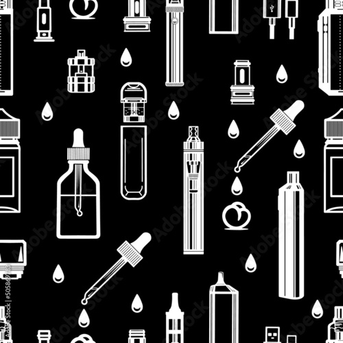Seamless pattern pictograms of vape cigarettes and white accessories on black