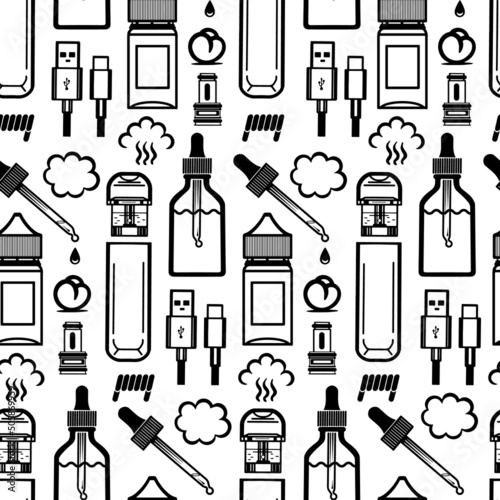 Seamless pattern with pictograms of e-cigarettes and accessories black on white
