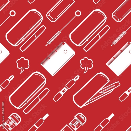 Seamless pictograms of tobacco heaters and white accessories on a red background
