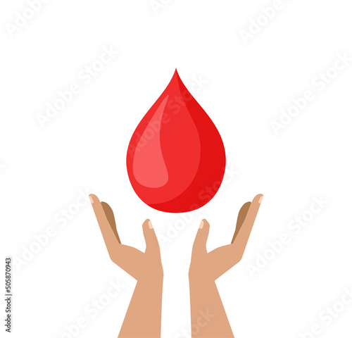 Blood donation concept. Human hands holding blood drop. Donor day. Give life.