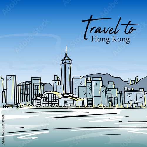 Hand drawn sketch of Hong Kong skyline in vector illustration.