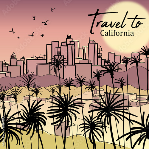 Hand drawn sketch of California skyline in vector illustration.