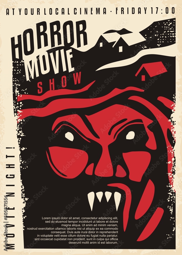 Horror movie retro poster design with vampire monster graphic. Cinema event  document template for horror film festival. Scary vector. Stock Vector |  Adobe Stock