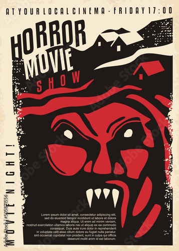 Horror movie retro poster design with vampire monster graphic. Cinema event document template for horror film festival. Scary vector.