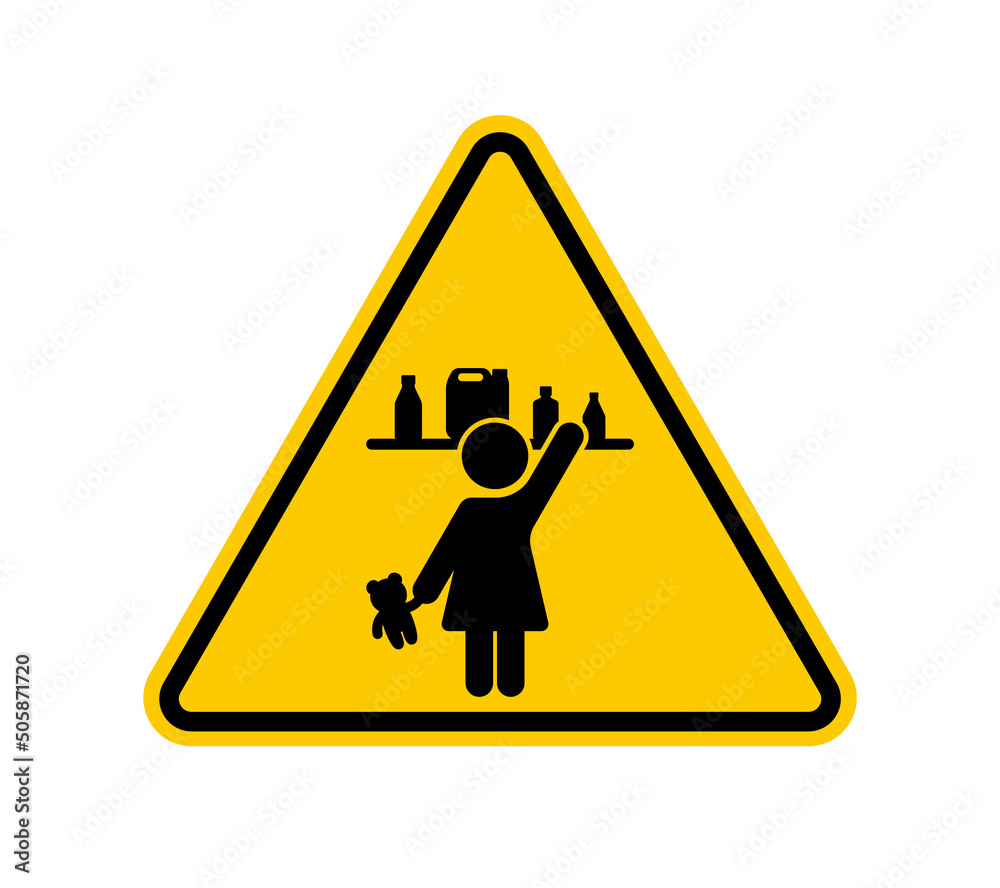 Vector yellow triangle sign - black silhouette symbol chemicals within reach of the child. Isolated on white background. Vector yellow triangle sign - black silhouette symbol chemicals within reach of the child. Isolated on white background.