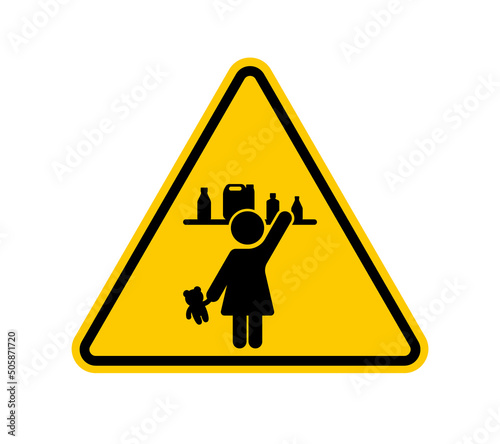 Vector yellow triangle sign - black silhouette symbol chemicals within reach of the child. Isolated on white background.