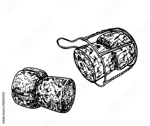 Champagne bottle cork sketch. Cork stoppers isolated on white background. Hand drawn vector illustration. Retro style. Wine bottle plug made of cork tree. Engraving style. Vector illustration