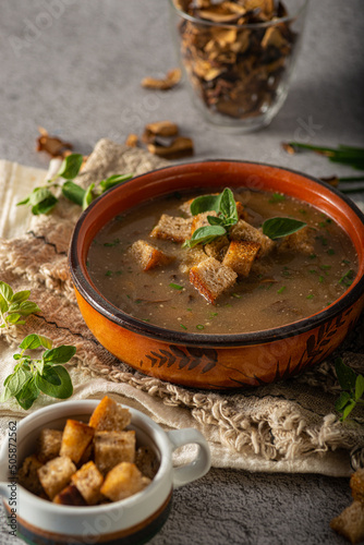 Mushroom soup with crispy pastry
