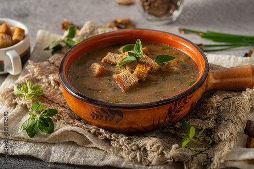 Mushroom soup with crispy pastry