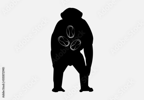 Viruela del mono. Silueta negra de un mono o chimpancé con trazo blanco sobre fondo gris claro y con partículas de la viruela del mono photo