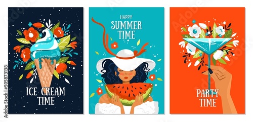 Set of summer postcards with woman in a hat with a watermelon, ice cream, watermelon fresh, leaves and flowers. Summer mood illustration. Holliday, party, vacation, travel.