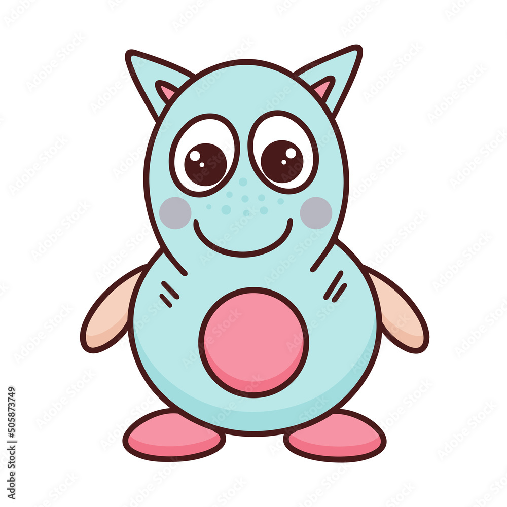 Funny little monster smiling isolated vector illustration. Baby character is kind. Funny weirdo doodle style