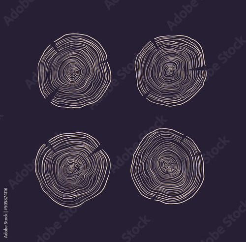 Linear hand drawn illustrations - annual rings. Stump Rings. Wooden logo examples. Natural material. Design elements. Perfect for interior designers, furniture, eco, factory