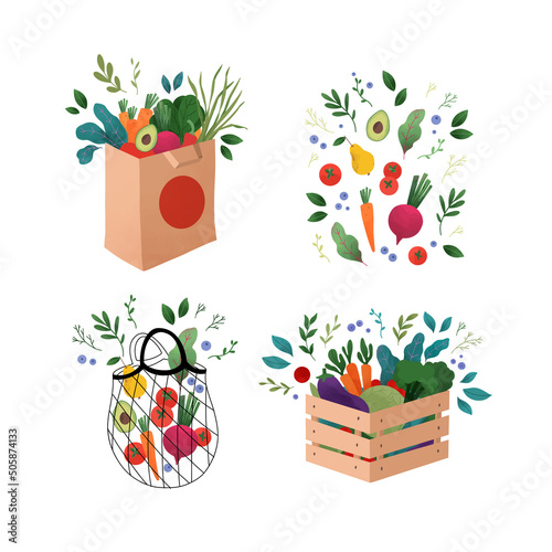 Vector illustration - Wooden box and grocery bag with raw vegetables, fruits. Tomato, avocado, aubergines, beetroot and greens. Vegan lifestyle. Perfect for supermarkets, local shops, delivery, market