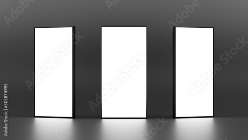 Three rectangle lightboxe stands on dark background. 3D illustration