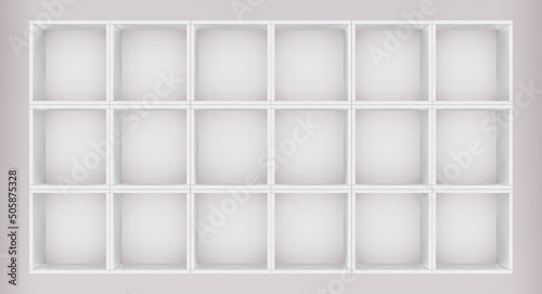 3D mockup of white empty cabinet with shelves on light wall. Kitchen furniture or bookshelf for office and home. Shop, gallery showcase. Blank retail storage space. Interior design furniture