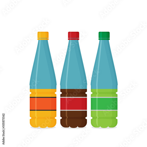 Plastic beverage bottles icon set. Bottled cold drinks flat vector illustration.