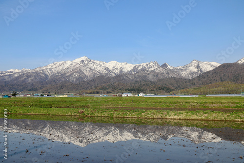 水田に映る雪景色をした芦別岳