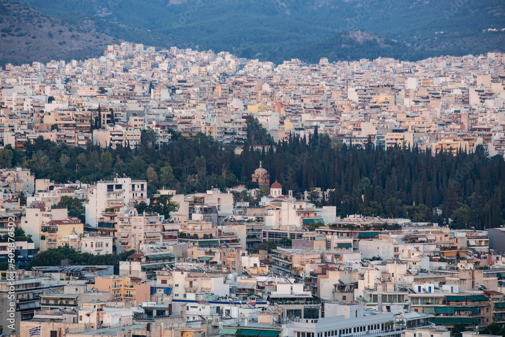 Aerial view of Athens at sunset light, Greece