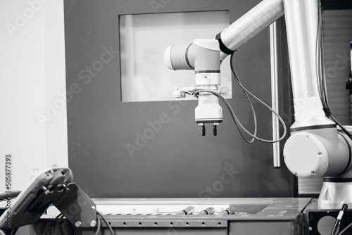Automatic machine robot arm tool in manufacture factory. Concept smart Industrial 4.0 technology