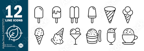 Ice cream set icon. Frozen juice, ice cream on a stick, in a plate, balls, ice cream fable, etc. Sweety concept. Vector line icon for Business and Advertising