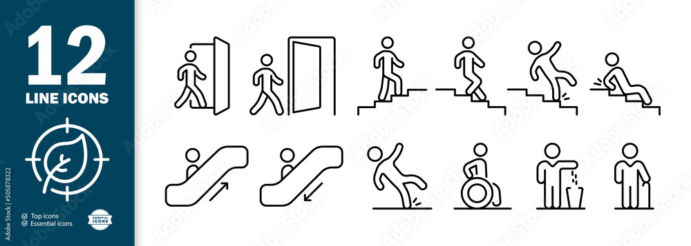 Warning signs set icon. Entrance, exit, ascent, descent, escalator, slippery floor, ramp, trash can, etc. Signs for premises concept. Vector line icon for Business and Advertising