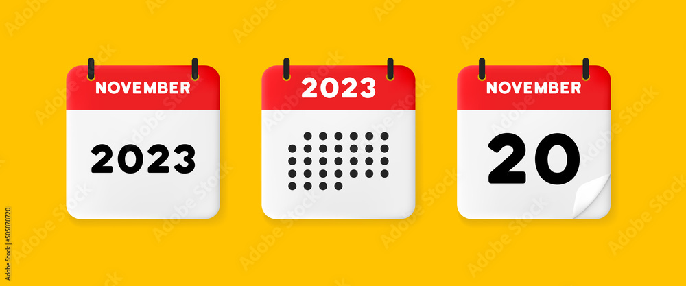 Calendar set icon. Calendar on a yellow background with Twenty november, 2022, 20 number text. Reminder. Date menegement concept. Vector line icon for Business and Advertising Calendar set icon. Calendar on a yellow background with Twenty november, 2022, 20 number text. Reminder. Date menegement concept. Vector line icon for Business and Advertising