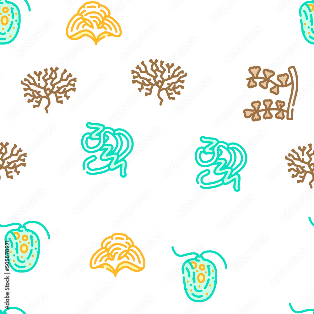 Seaweed Sea Underwater Plant Vector Seamless Pattern Color Line Illustration