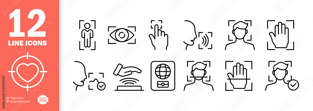 Identification set icon. Biometrics, fingerprint recognition, voice recognition, appearance, nfs, foreign passport, etc. Authentication concept. Vector line icon for Business and Advertising