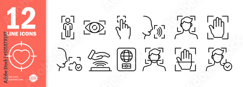 Identification set icon. Biometrics, fingerprint recognition, voice recognition, appearance, nfs, foreign passport, etc. Authentication concept. Vector line icon for Business and Advertising