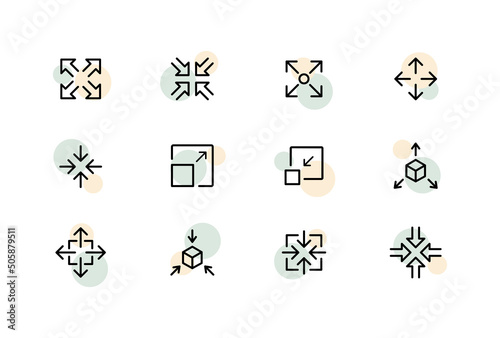 Scaling set icon. Enlarge, reduce, expand, collapse, rotate, expand, rotate, etc. Arrows concept. Vector line icon for Business and Advertising