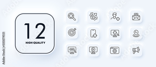 Infographic set icon. Goal, arrow, career, website, online store, business, mouthpiece, pointer. Targeted advertising concept. Neomorphism style. Vector line icon for Business and Advertising
