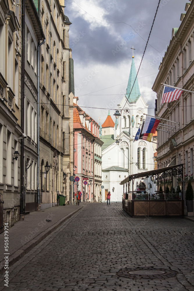 Colorful streets of Riga old town, Latvia