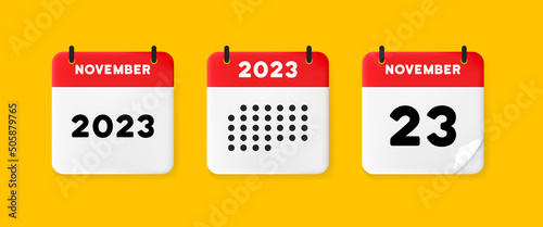 Calendar set icon. Calendar on a yellow background with Twenty three november, 2023, 23 number text. Reminder. Date menegement concept. Vector line icon for Business and Advertising photo