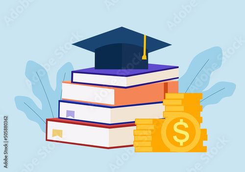 Graduation savings concept vector illustration. Stack of books, coins and graduation hat. Education cost in flat design. Student scholarship.