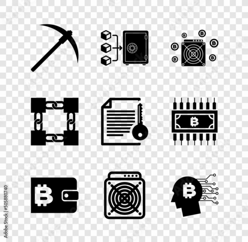 Set Pickaxe, Proof of stake, ASIC Miner, Cryptocurrency wallet, and Bitcoin think icon. Vector
