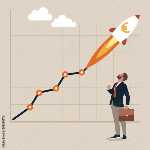 Businessman investor look at euro sign rocket flying high on exchange chart. Euro value rising due to interest rate hike, exchange rate or financial report, economy or investment concept.