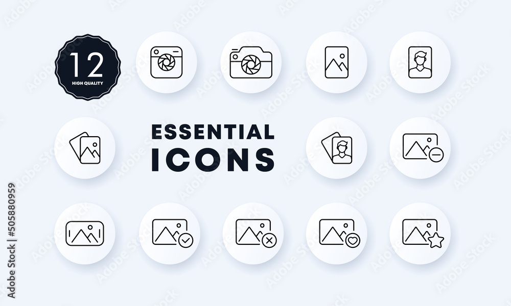 Image set icon. Camera, gallery, lens, photo, shooting, photographer, photo editing, etc. Media concept. Vector line icon for Business and Advertising Image set icon. Camera, gallery, lens, photo, shooting, photographer, photo editing, etc. Media concept. Vector line icon for Business and Advertising