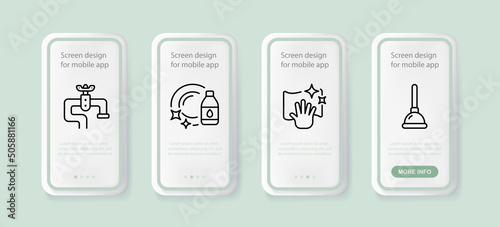 Purity set icon. Plumbing, faucet, detergent, glove, wash, mop, plunger, etc. Spring-cleaning. Clean-out concept. UI phone app screens with people. Vector line icon for Business and Advertising