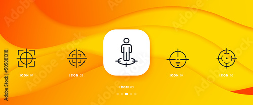 Aim set icon. Zoom, target, weapon, aiming, shooting, shooter. Targeted, contextual advertising. Advertisement concept. Infographic timeline with icons and 5 steps. Vector line icon for Business