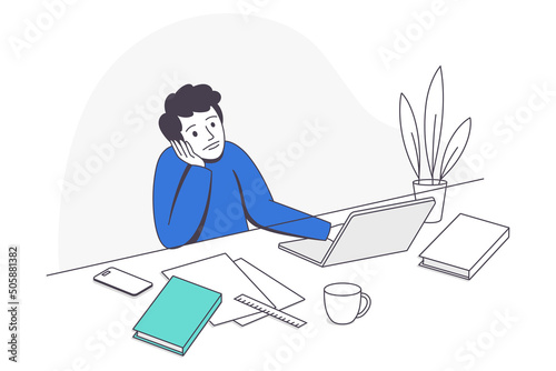 Sad Boy School Pupil Doing Homework Sitting at Desk Studying with Laptop Vector Illustration