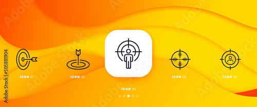 Aim set icon. Arrow, target, weapon, aiming, shooting, shooter. Targeted, contextual advertising. Advertisement concept. Infographic timeline with icons and 5 steps. Vector line icon for Business